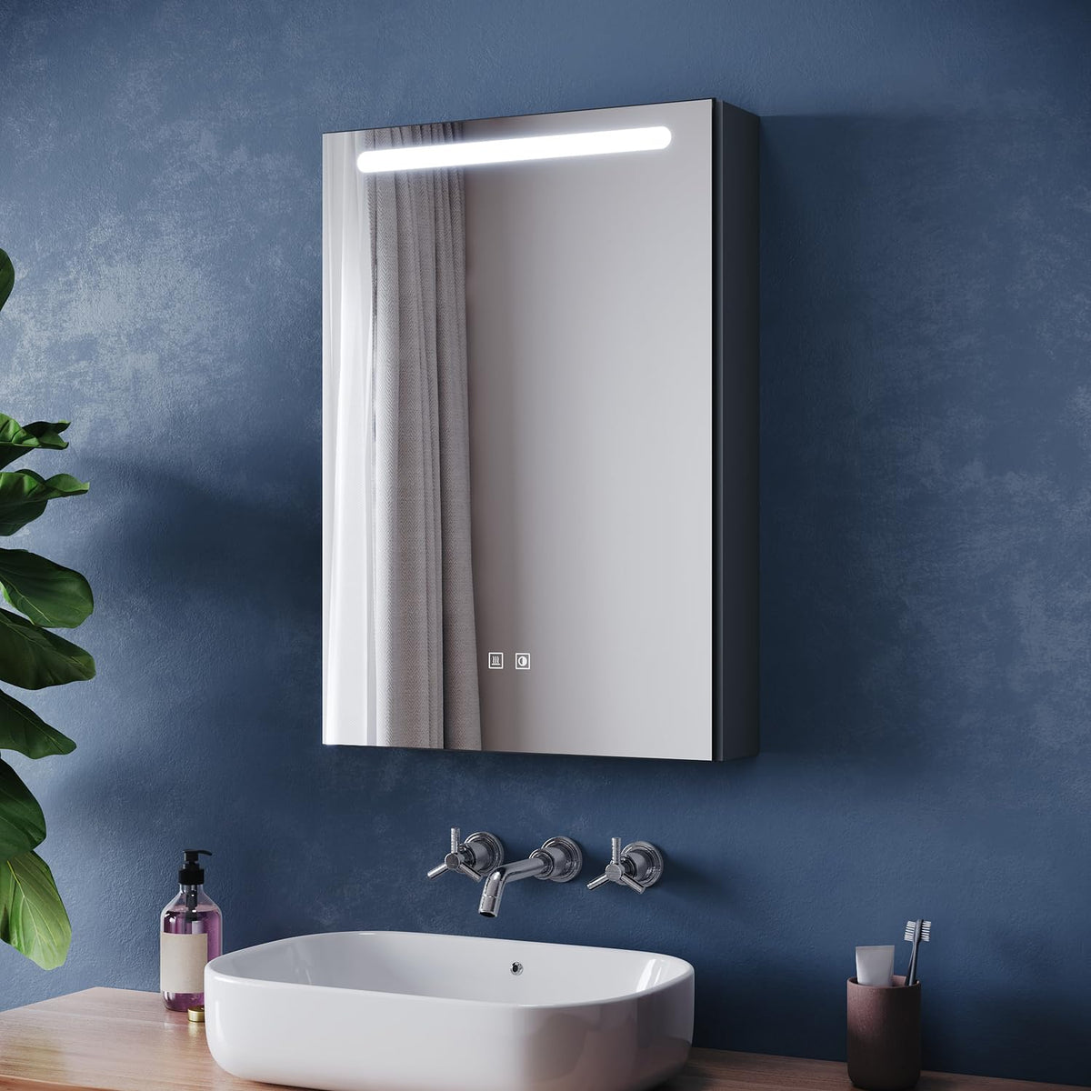 ZANOFIRA Bathroom Mirror Cabinet with LED Lights and Shaver Socket, 485x700mm Fully Assembled Wall-Mounted Mirror Cabinet with 3 Colors Dimmable and