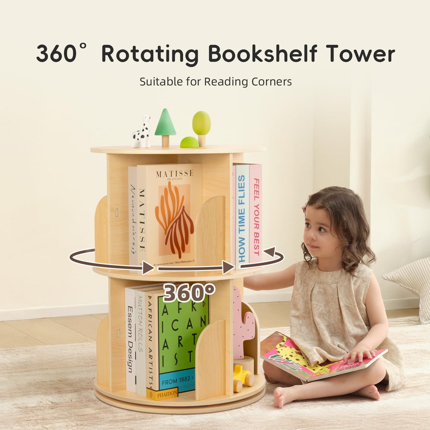 OOOK 2-Tier Rotating Bookshelf, Small Corner Wooden Spinning Book Shelf
