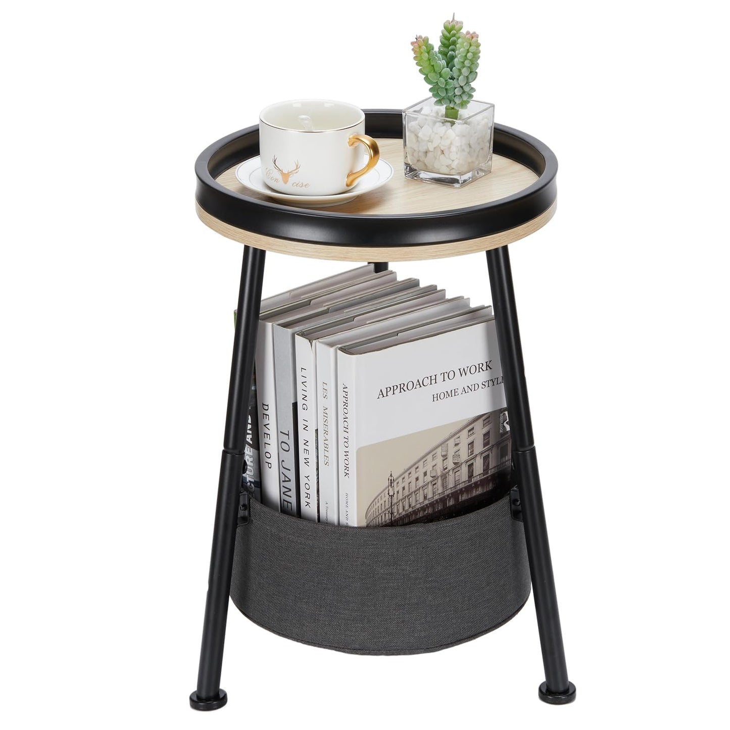 DREAMSOULE Industrial Round Side Table with Storage, Small 2 Tier End Table with Basket and Storage Tray for Indoor Outdoor Patio
