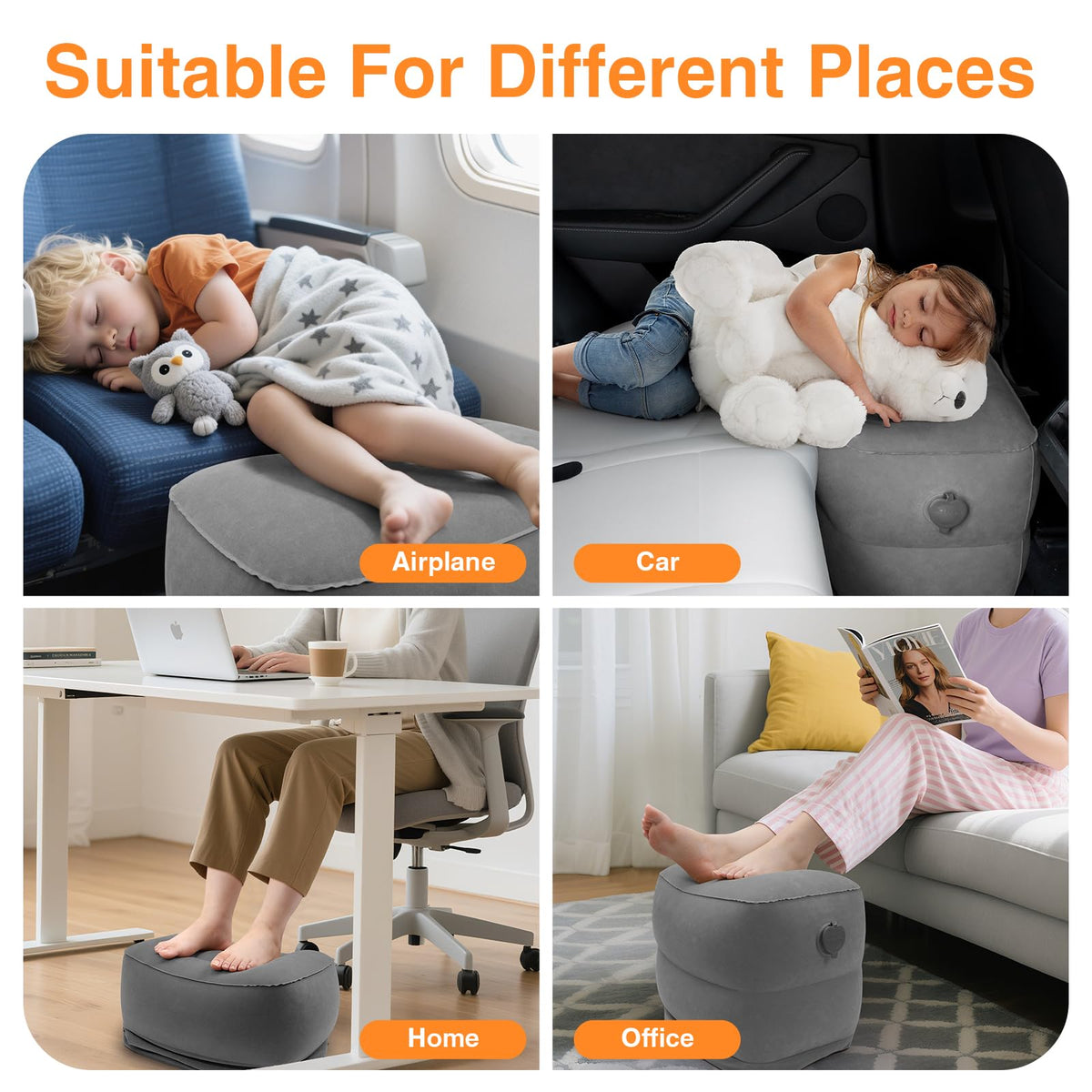 Maliton Inflatable Airplane Foot Rest with Pump Bag Darkgrey, 2Pcs