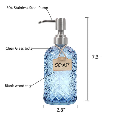 Funly mee Bathroom & Kitchen Glass Hand and Dish Soap Dispenser with 304 Rustproof Stainless Steel Pump Blue
