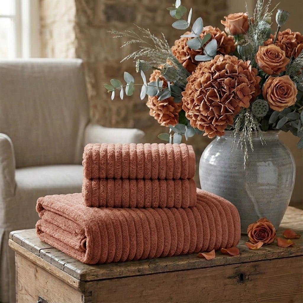 B O S A L O N I Coral Fleece Bath Towel Set 3 Piece Striped - Ribbed Effect - 1 Bath Sheet 70 x 140 cm + 2 Hand Towels 34 x 74 cm