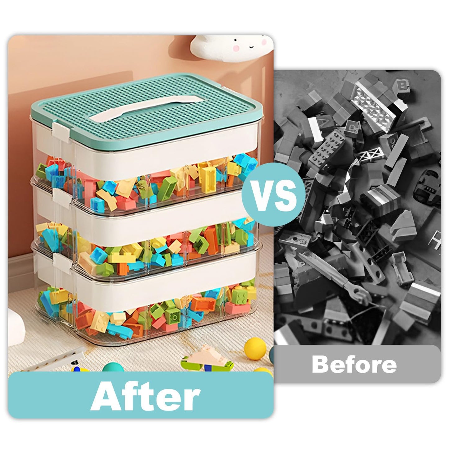 Storage Boxes,Kids Toy Lego Box,Stackable Toys Organizer with Lid,Handle,Plastic Multi Compartment Containers Chest Case for Storing