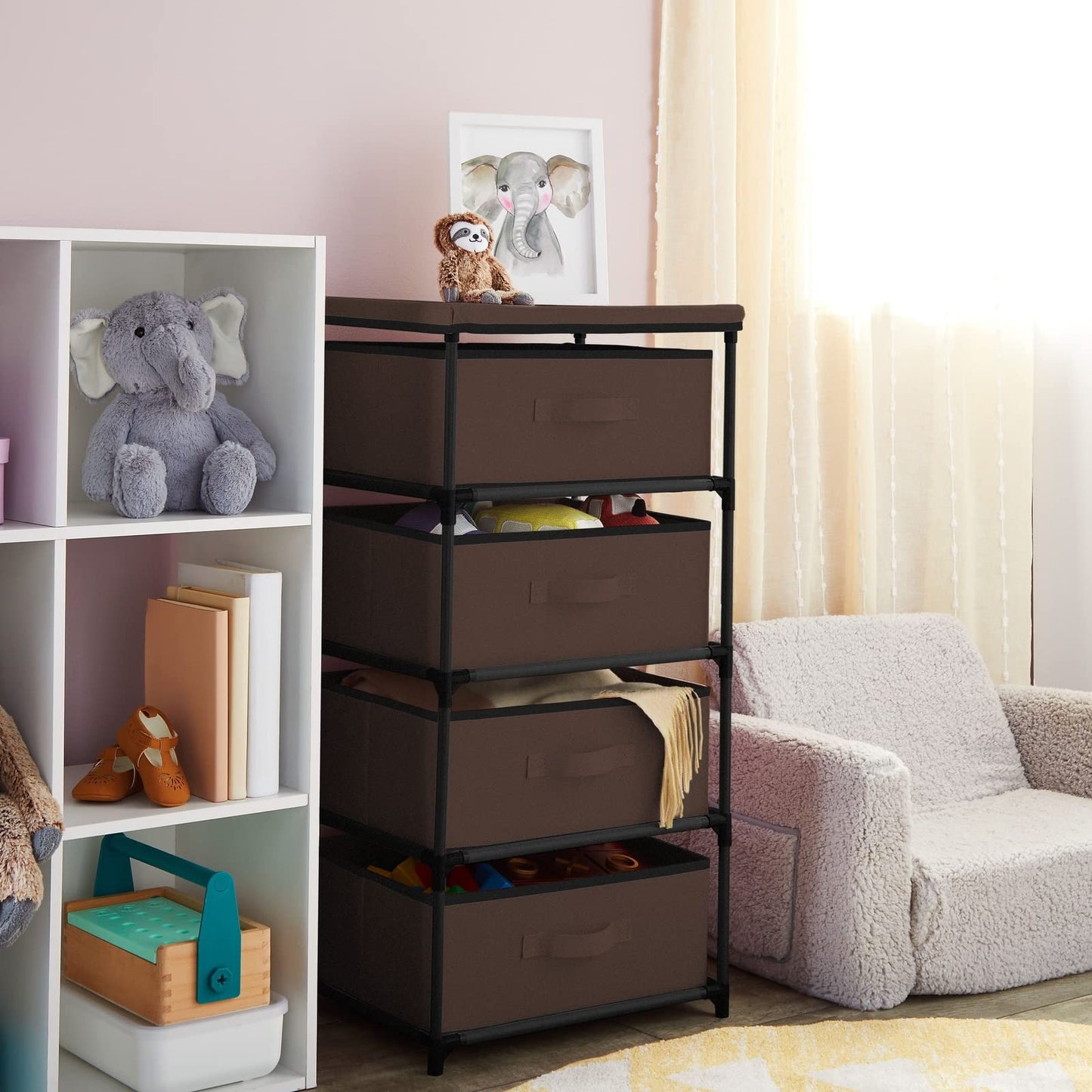 Juvale 4 Drawer Dresser for Bedroom, Clothes Organizer Fabric Storage Tower for Clothing, Linens, Closet (Dark Brown, 16.5 x 33 in)