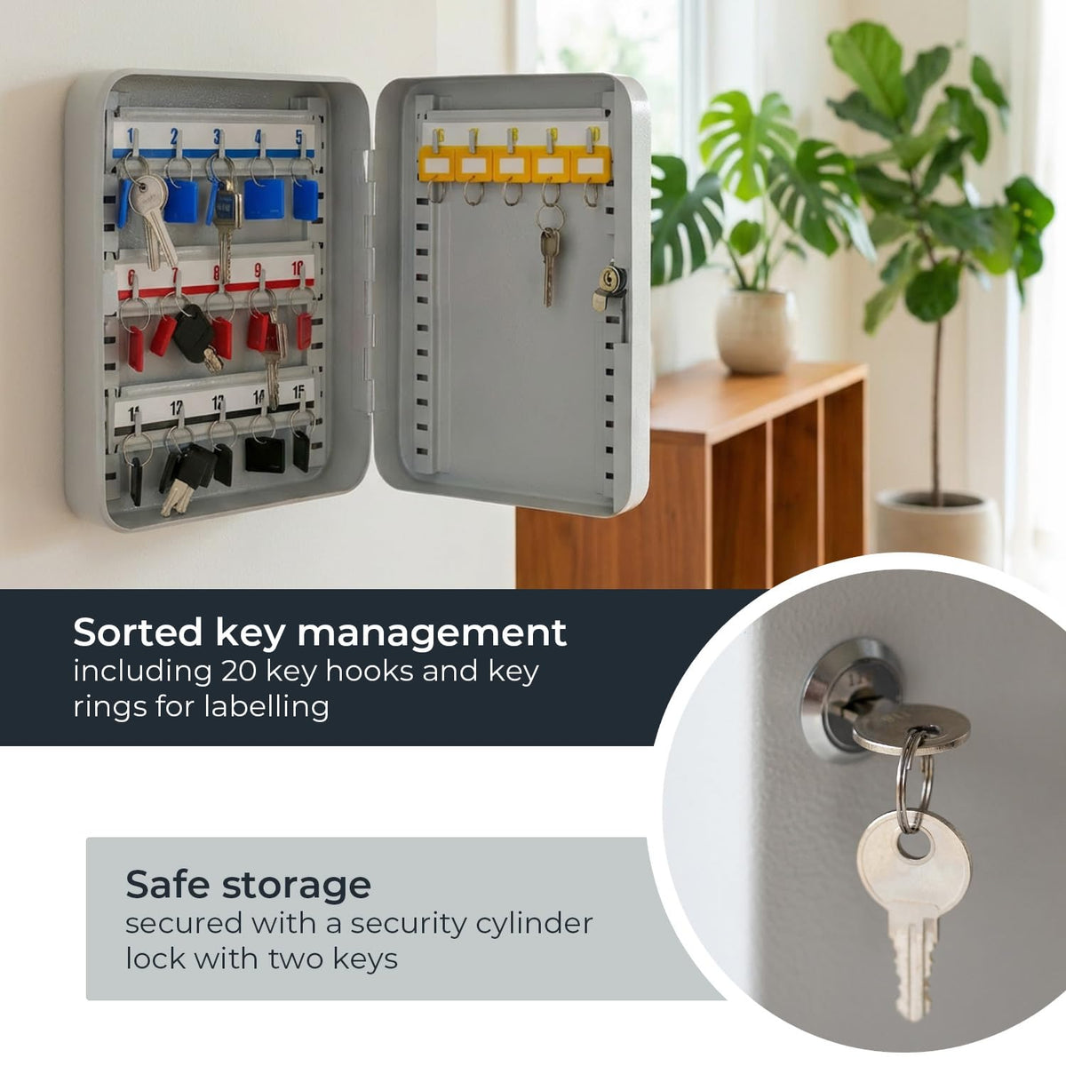 HMF Small Steel Key Cabinet, Lockable Key Storage Box for Hallway, Study or Garage | 20 Key Hooks | 25 x 20 x 7.5 cm | Light Grey