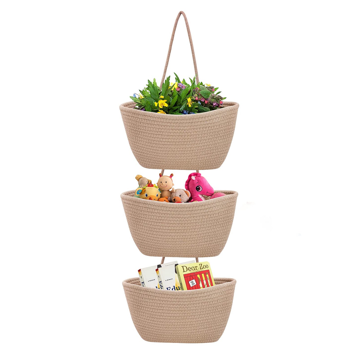 Gearific Over the Door Hanging Basket, 3-Tier Cotton Rope Wall Mount Hanging Baskets for Organizing and Storage