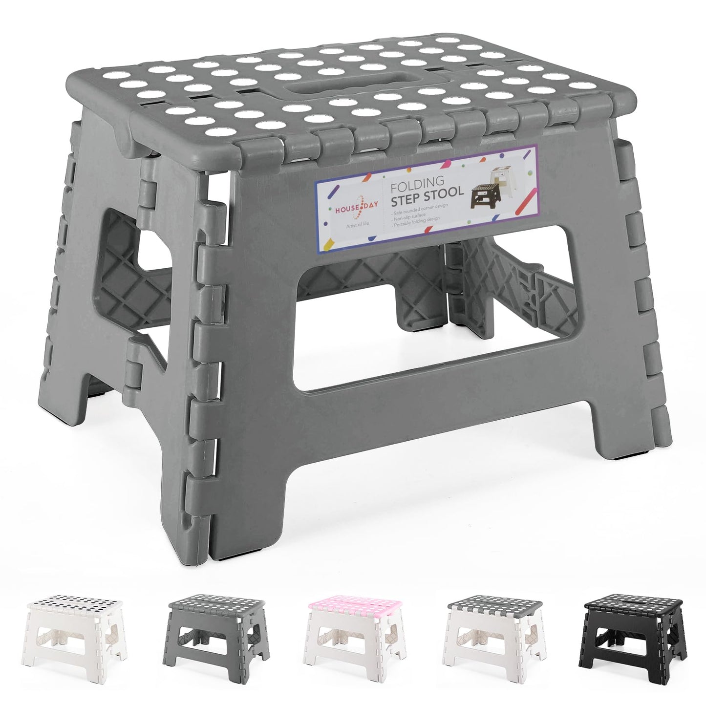 HOUSE DAY Folding Step Stool 9 Inch with Anti-Pinch Design & Carry Handle