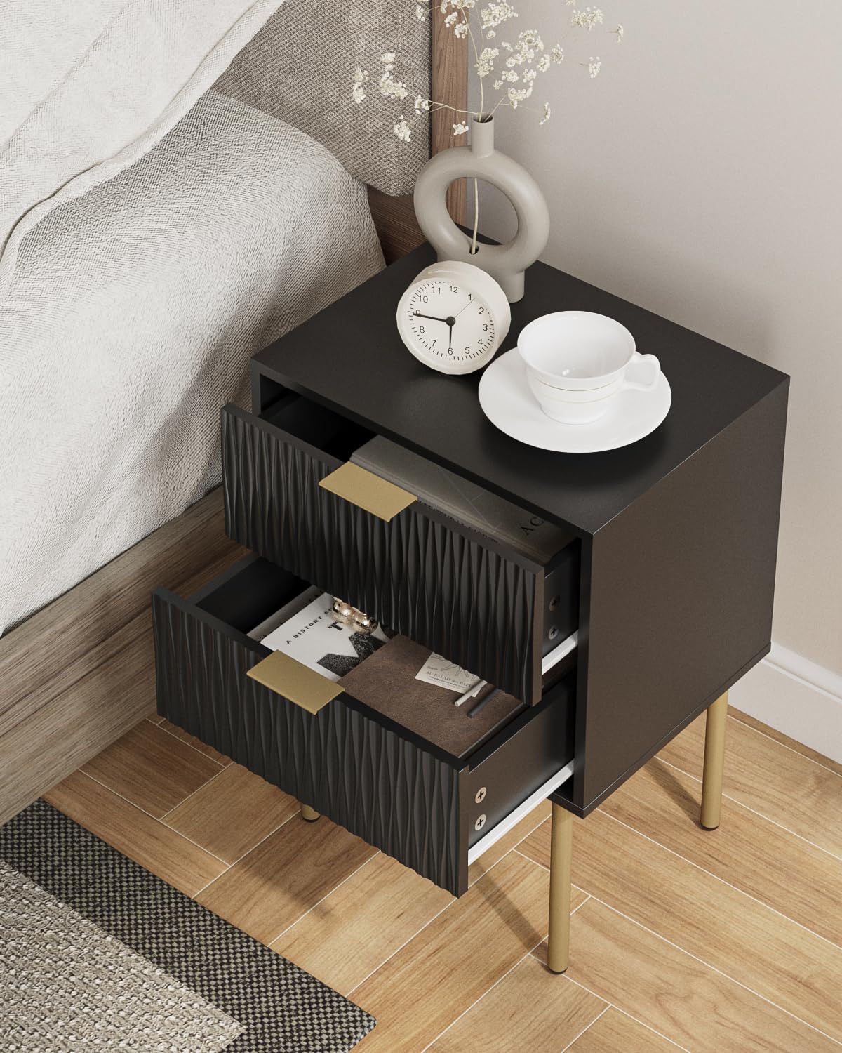 Apetaccat Bedside Table, Fluted Nightstand with 2 Drawers, Modern Bedside Cabniet Wooden, Side Table for Bedroom, Living Room, Black