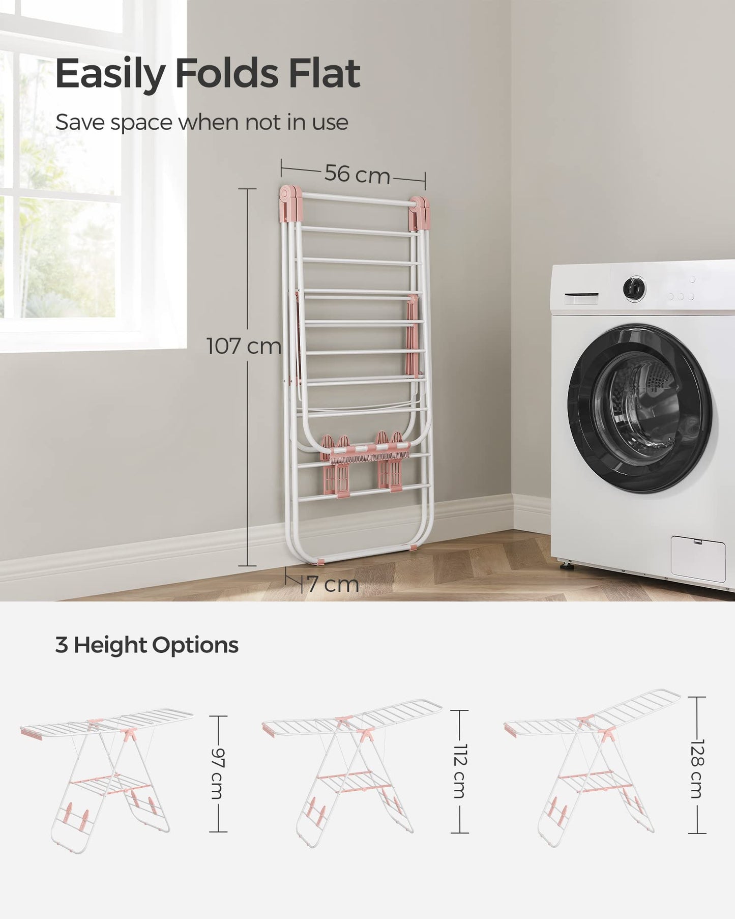 SONGMICS Clothes Airer, Foldable Clothes Drying Rack, Clothes Horse with Height-Adjustable Wings, Free-Standing Laundry Drying Rack, Indoor and