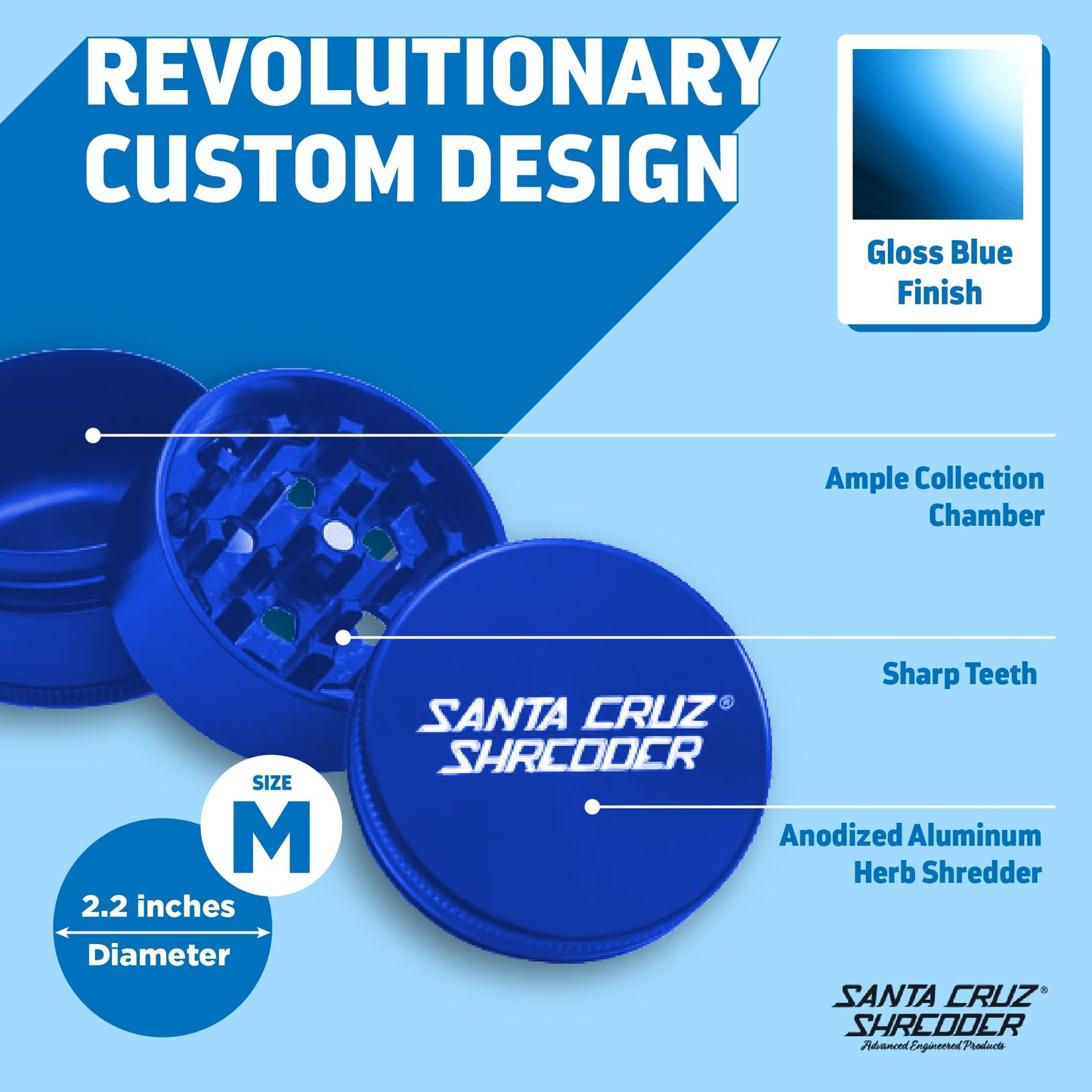 Santa Cruz Shredder Herb Grinder 3 Piece Medium 2 1/8" Superior Grip and Aluminium (Blue)