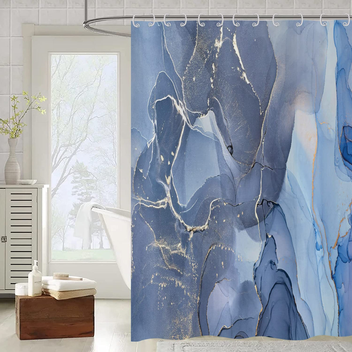 ASDCXZ Shower Curtain Blue Gold Marble 180x200 cm, Modern Abstract Blue Gold White Marble Optic Texture Washable Shower Curtains Polyester Textile