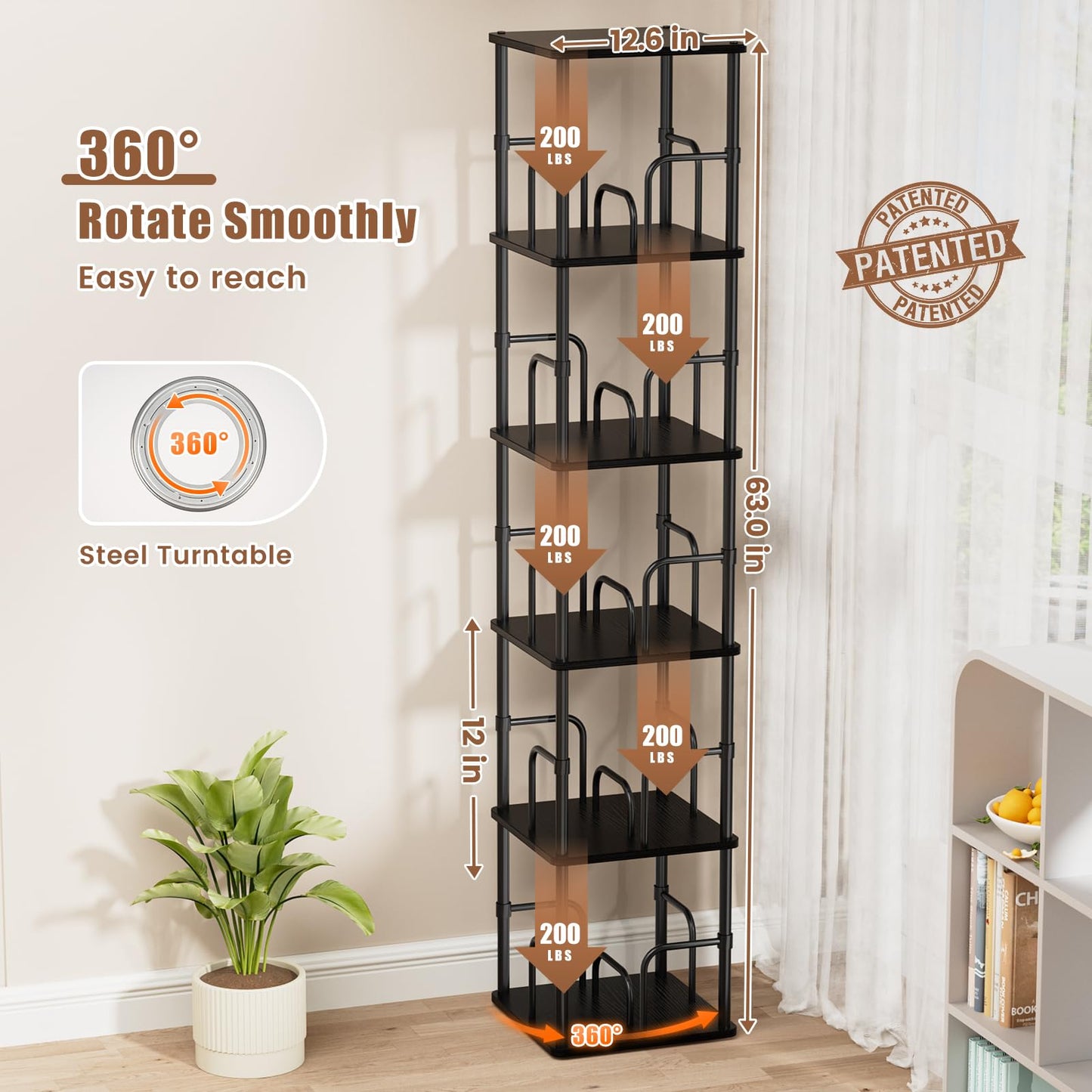 5 Tier Square Rotating Bookshelf, 360° Corner Bookshelf Tower, Small Size Revolving Bookcase with Adjustable Levels