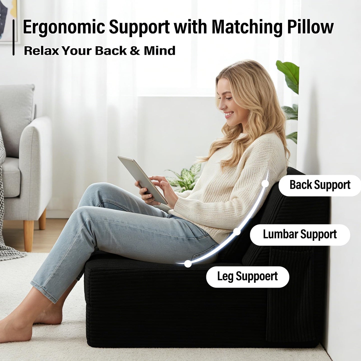 YOTATING Folding Sofa Bed with Pillow, Convertible Sleeper Chair, Comfy Floor Futon Couch Mattress Lounge Sofa for Adults Portable Fold Out Chair Bed