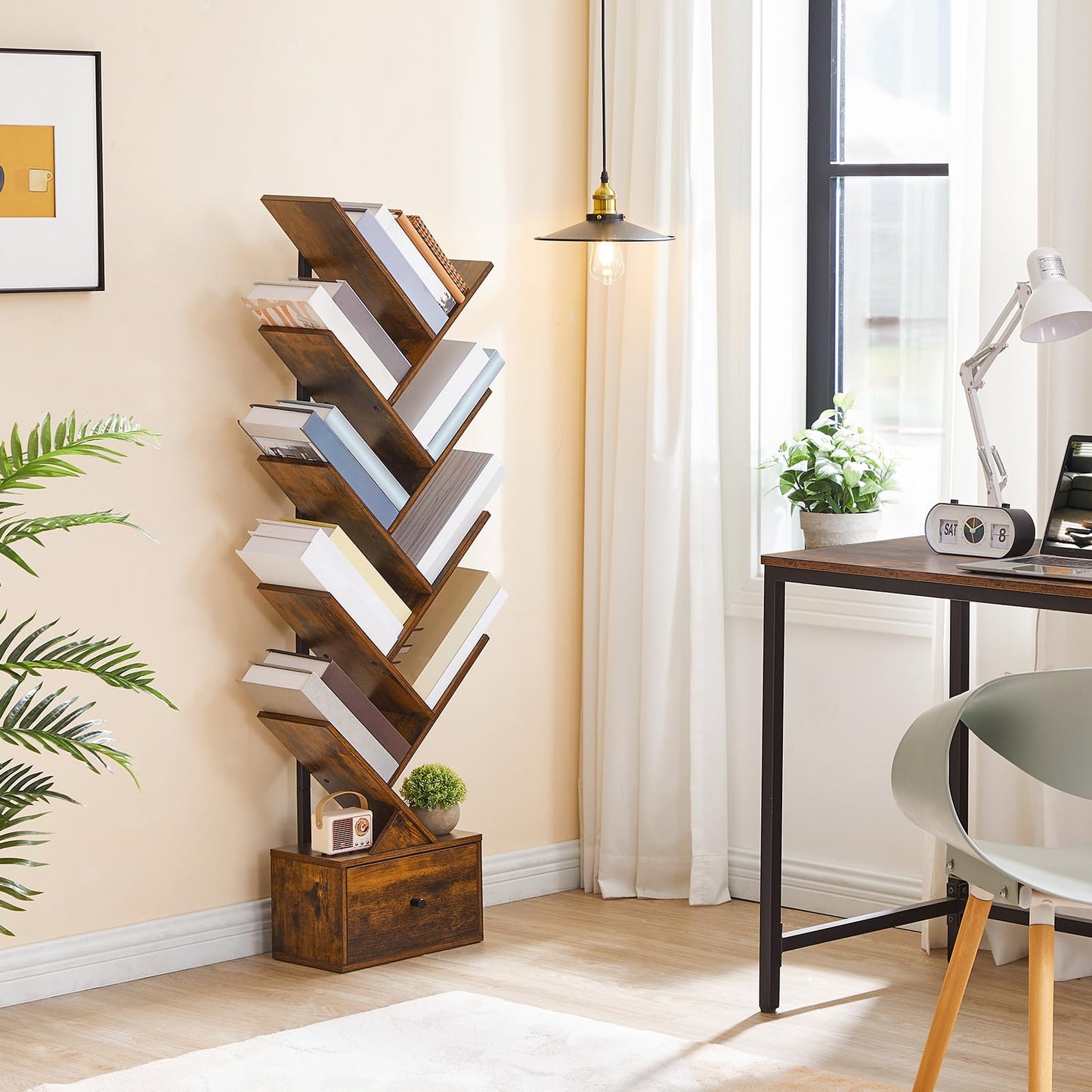 HOOBRO Tree Bookshelf with Drawer, 8-Tier Floor Standing Bookcase, Vertical Book Shelf, Book Storage Rack, for Living Room, Bedroom, Home Office