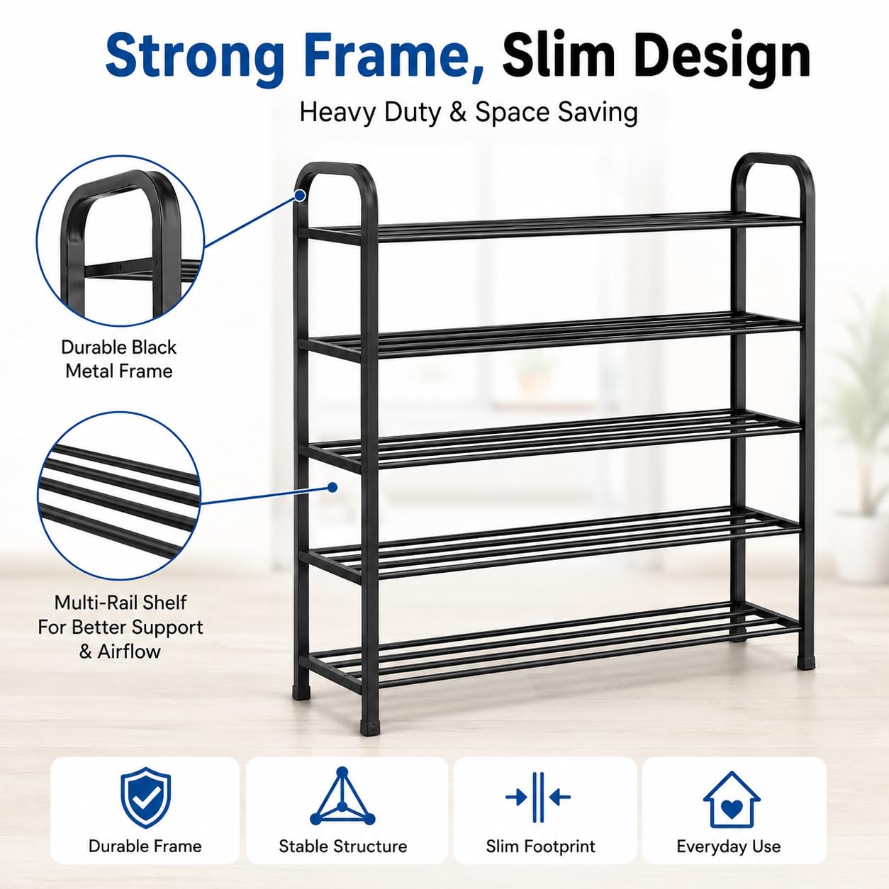 1ABOVE 5 Tier Heavy Duty Shoe Rack Organiser, Black