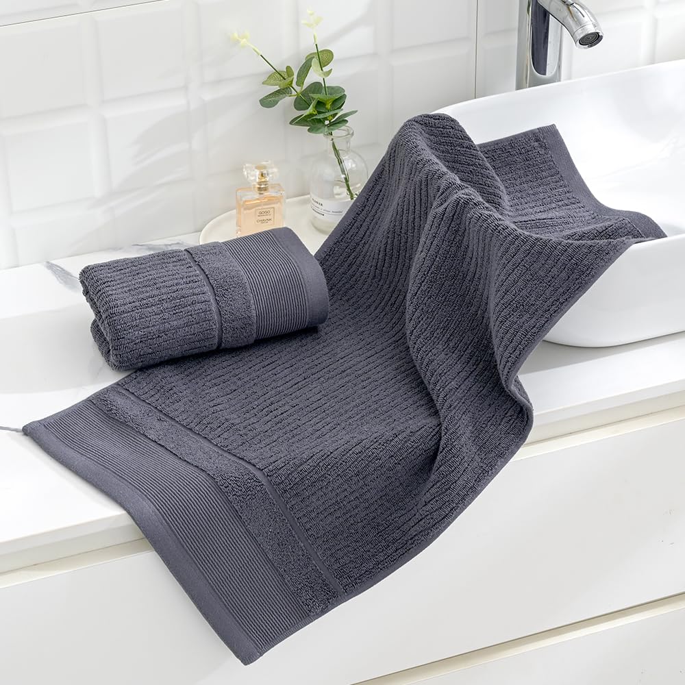 sense gnosis Super Soft Grey Thick Hand Towel Ribbed Striped Pattern 100% Cotton Absorbent Decorative Towel for Bathroom Home 13 x 29 Inch, 2 Pack