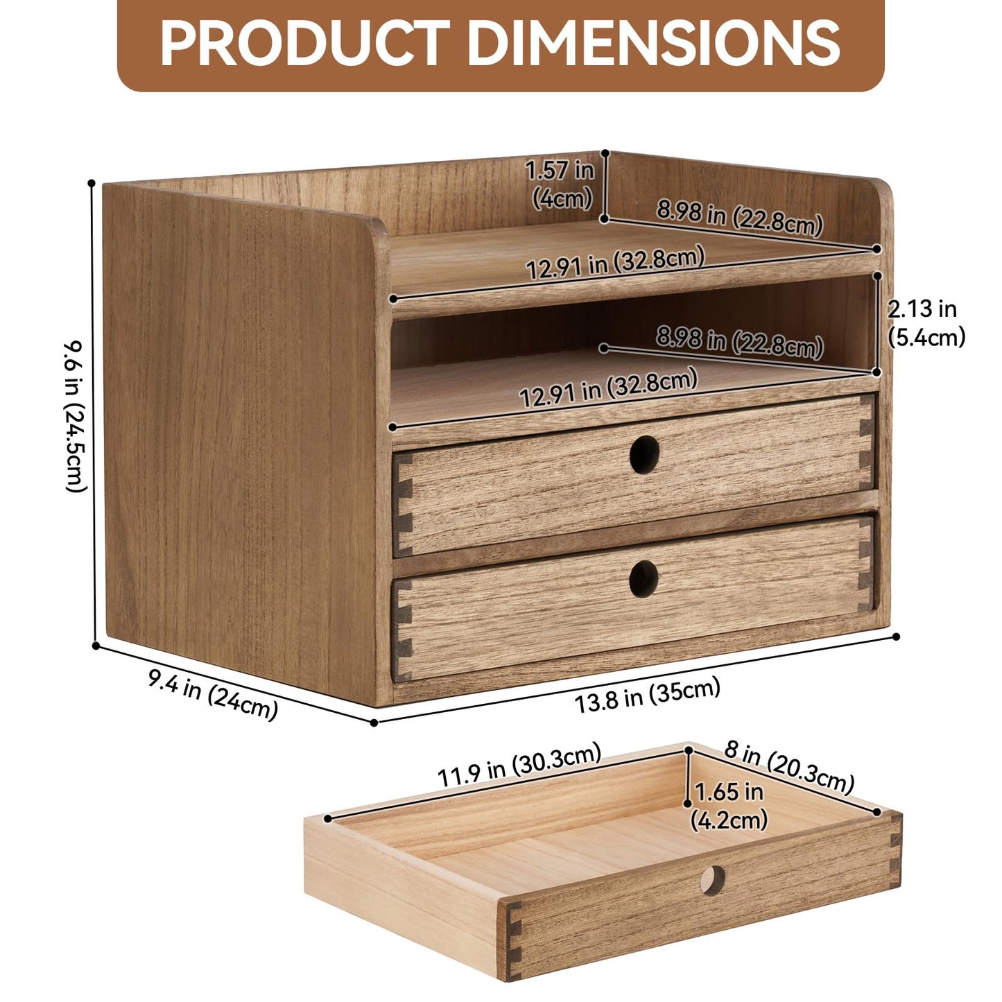 KIRIGEN Wooden Desk Organiser with 2 Drawers and Shelf,Brown
