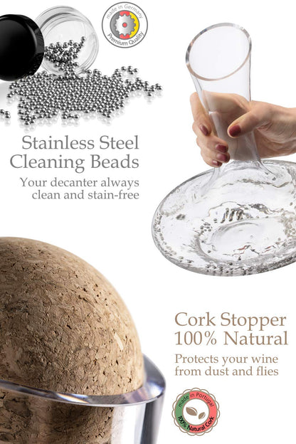 Crystallin Wine Decanter & Accessories (Cleaning Beads, Cork Stopper, Mat & Coasters)  100% Handmade in Europe, Lead-Free Crystal Glass Wine Carafe