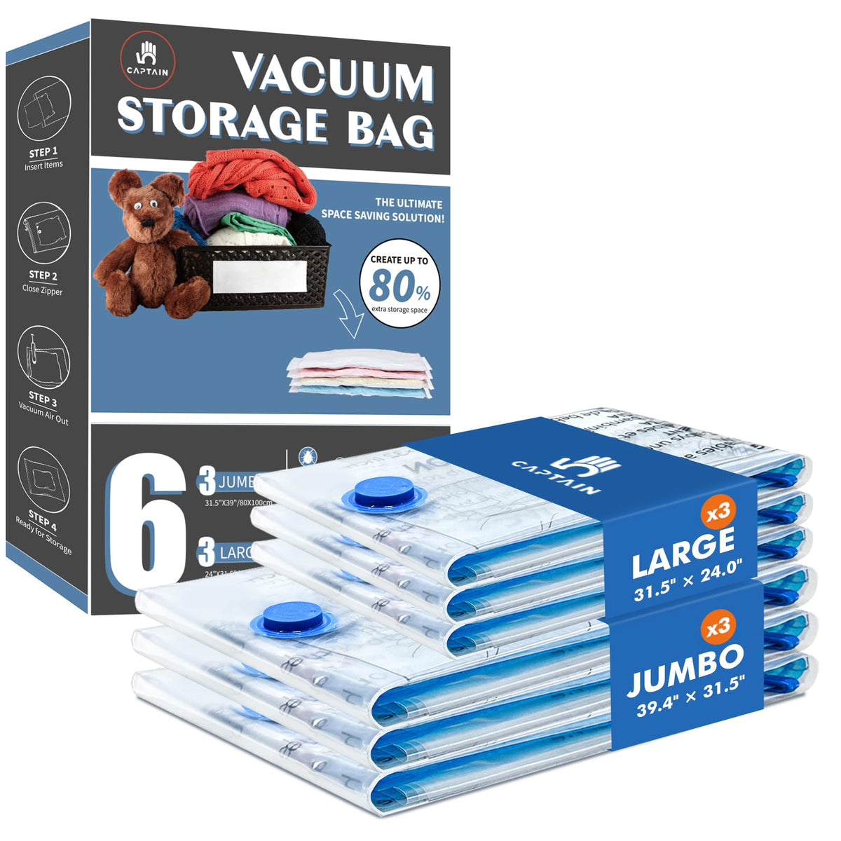 CaptainFive Vacuum Storage Bags 6 Combo 3 Jumbo + 3 Large, Space Saver Sealer Vacuum Bags for Clothes, Pillows, Duvets, Bedding