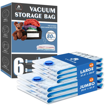 CaptainFive Vacuum Storage Bags 6 Combo 3 Jumbo + 3 Large, Space Saver Sealer Vacuum Bags for Clothes, Pillows, Duvets, Bedding