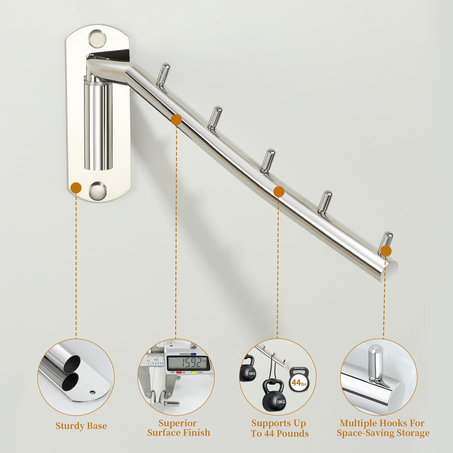 Mooche Wall Mounted Coat Rack Chrome, Swivel Clothes Rail, 27CM