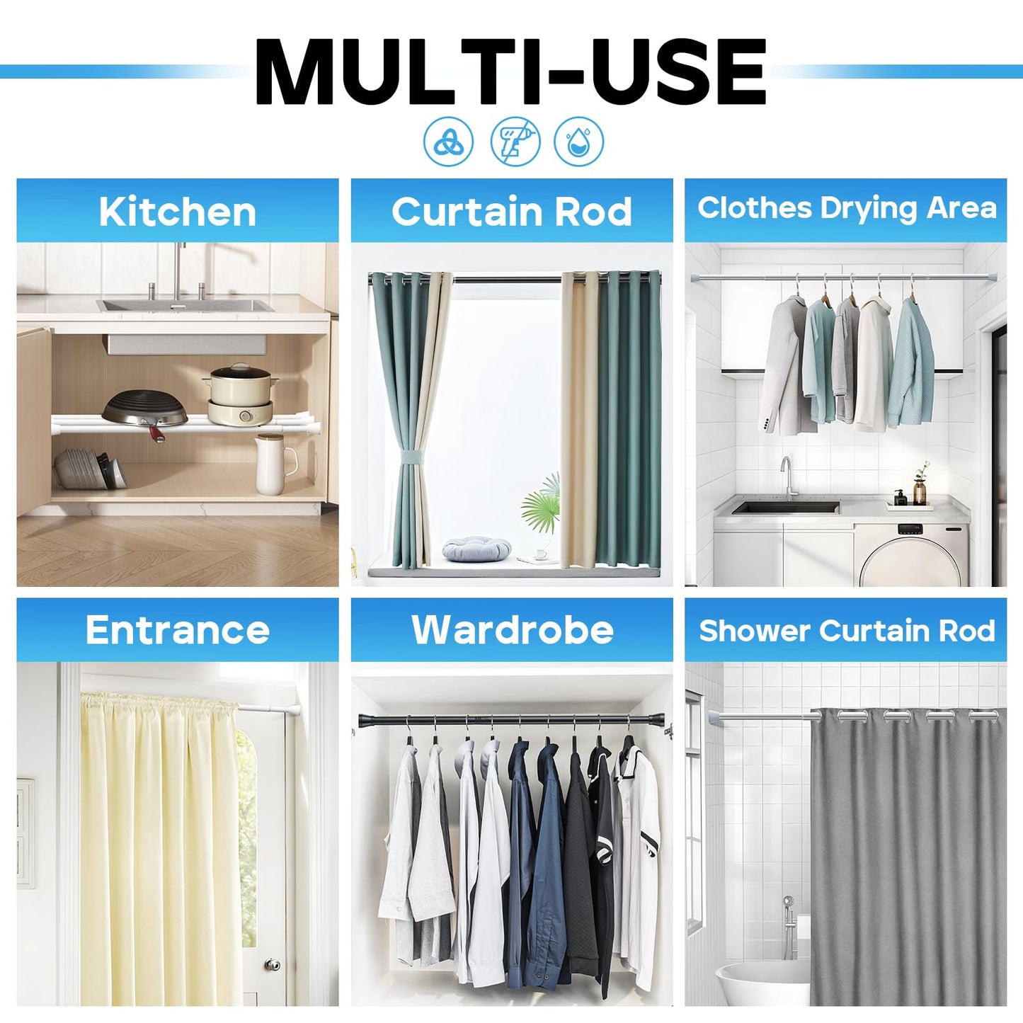 Shower Curtain Rail 70-130cm Extendable Curtain Poles 2pcs, Shower Curtain Pole Silver Tension Rods for Curtains Stainless Steel Tension Rod Shower