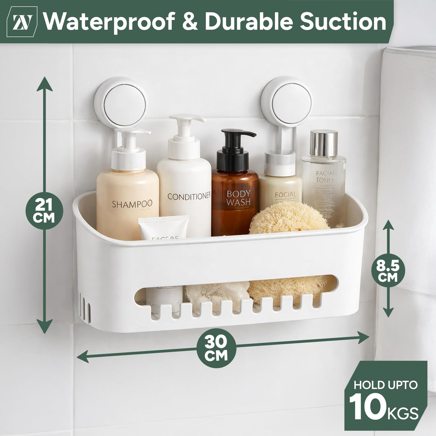 Zuvo Shower Caddy with Suction Cups, No Drill Bathroom Shelf, White