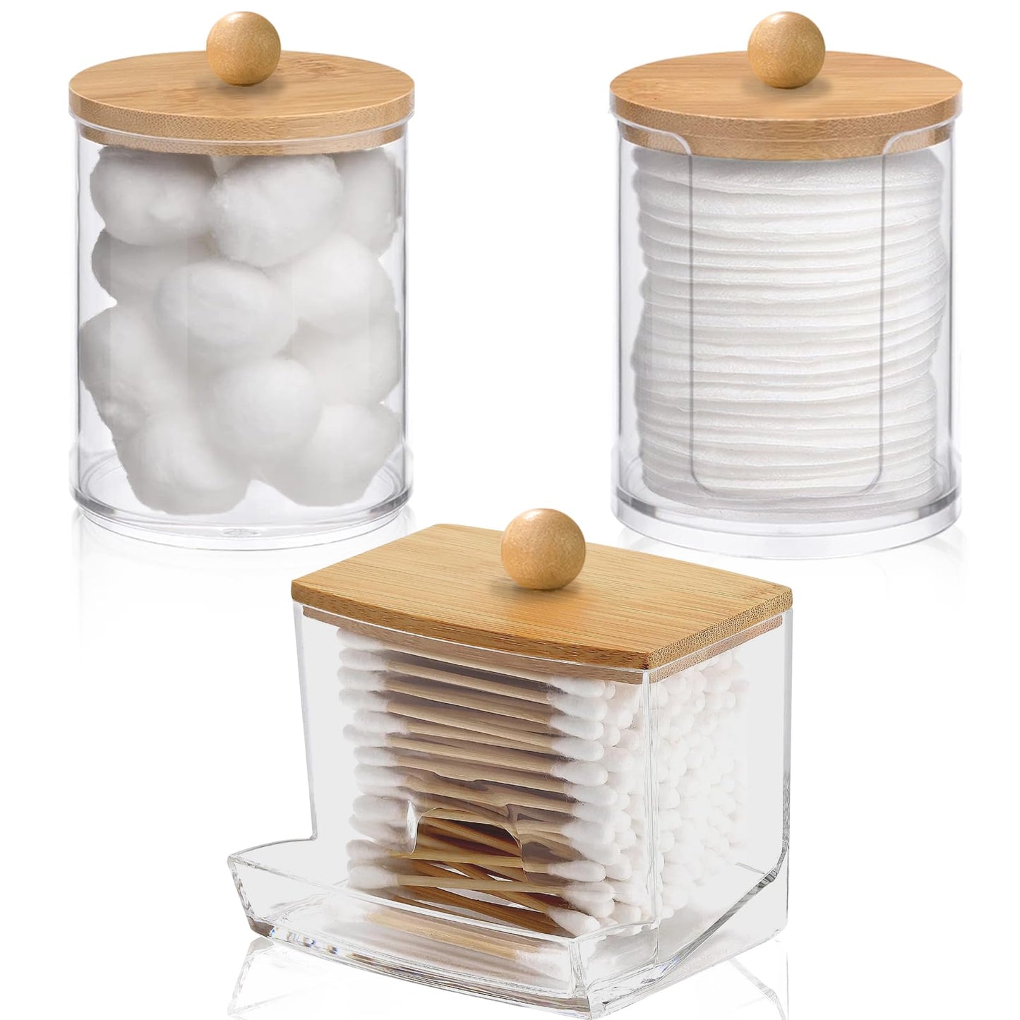 3 Pcs Cotton Pad Holder, Cotton Wool Bud/Swab/Ball Holder, with Bamboo Lid