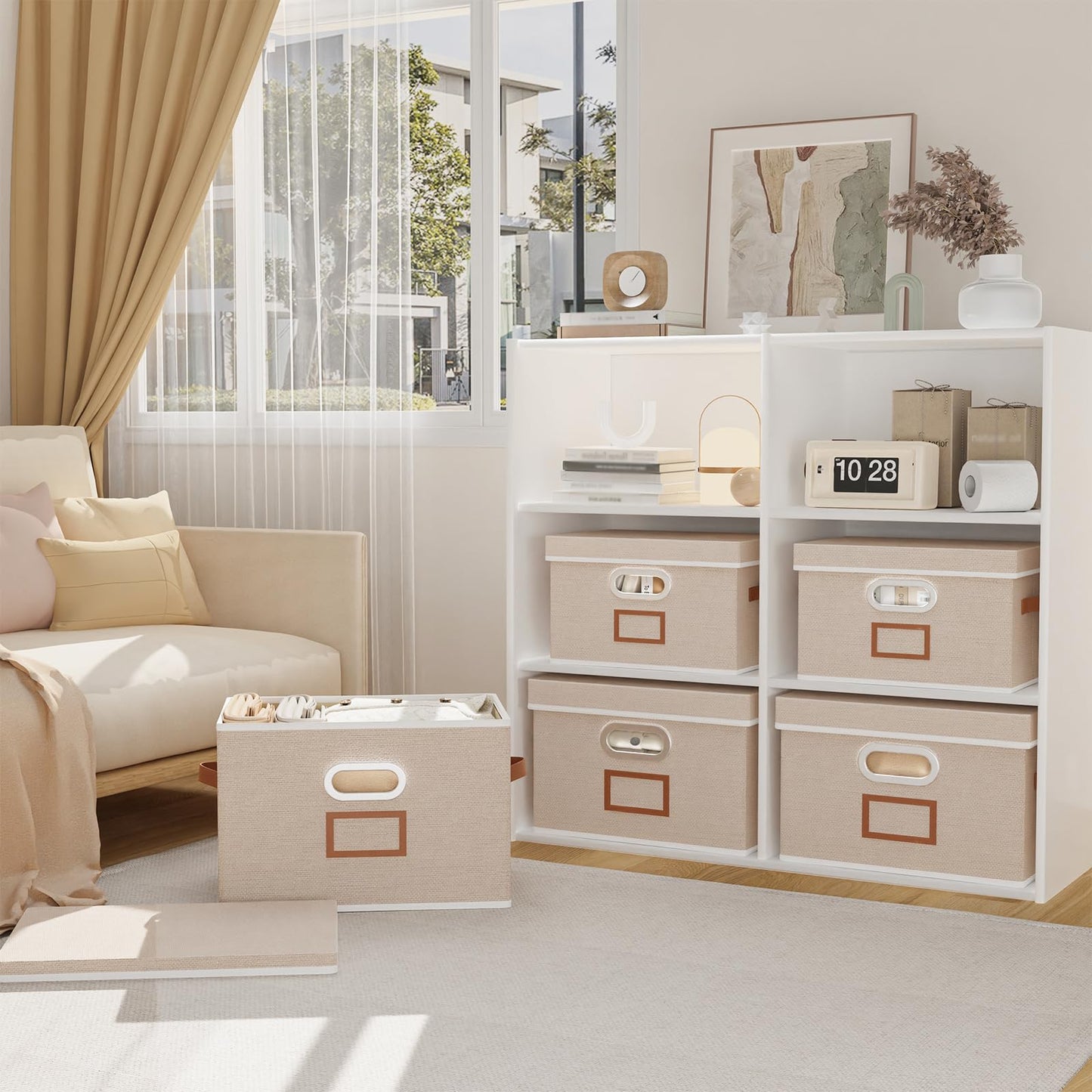 OUTBROS 3 Set fabric Storage Boxes with lids, 32x23x20cm Baskets, Beige