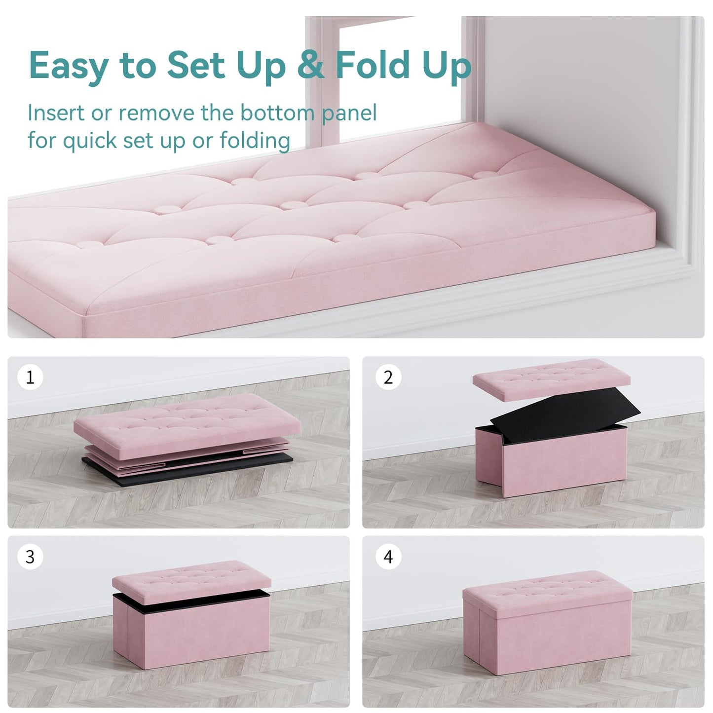 BRIAN & DANY Ottoman Storage Box Velvet Foldable Storage Ottoman Bench with Lid for Living Room, 80 x 40 x 40 cm, Pink