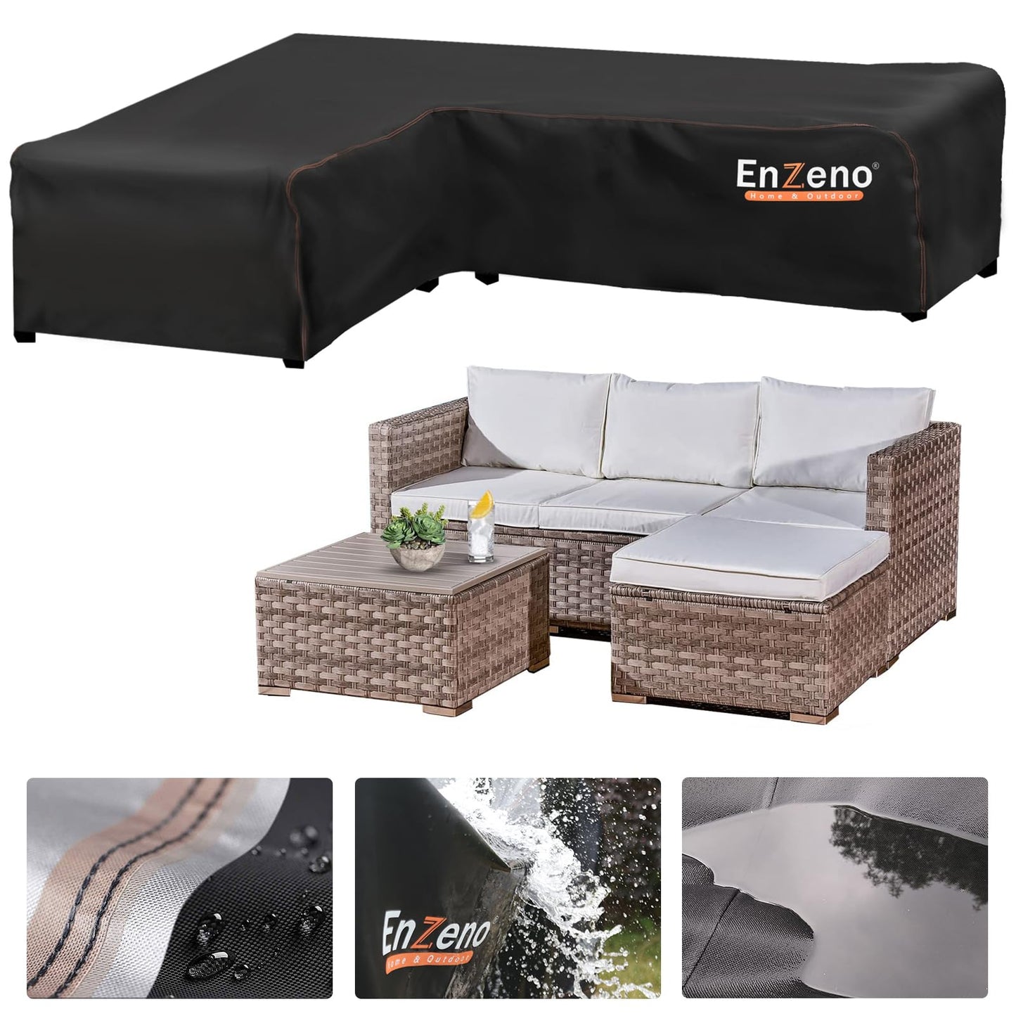Enzeno l shaped garden sofa covers waterproof,420D Oxford Fabric outdoor sofa cover, Rattan Corner Furniture Cover with Waterproof Tape (140x210x75cm)