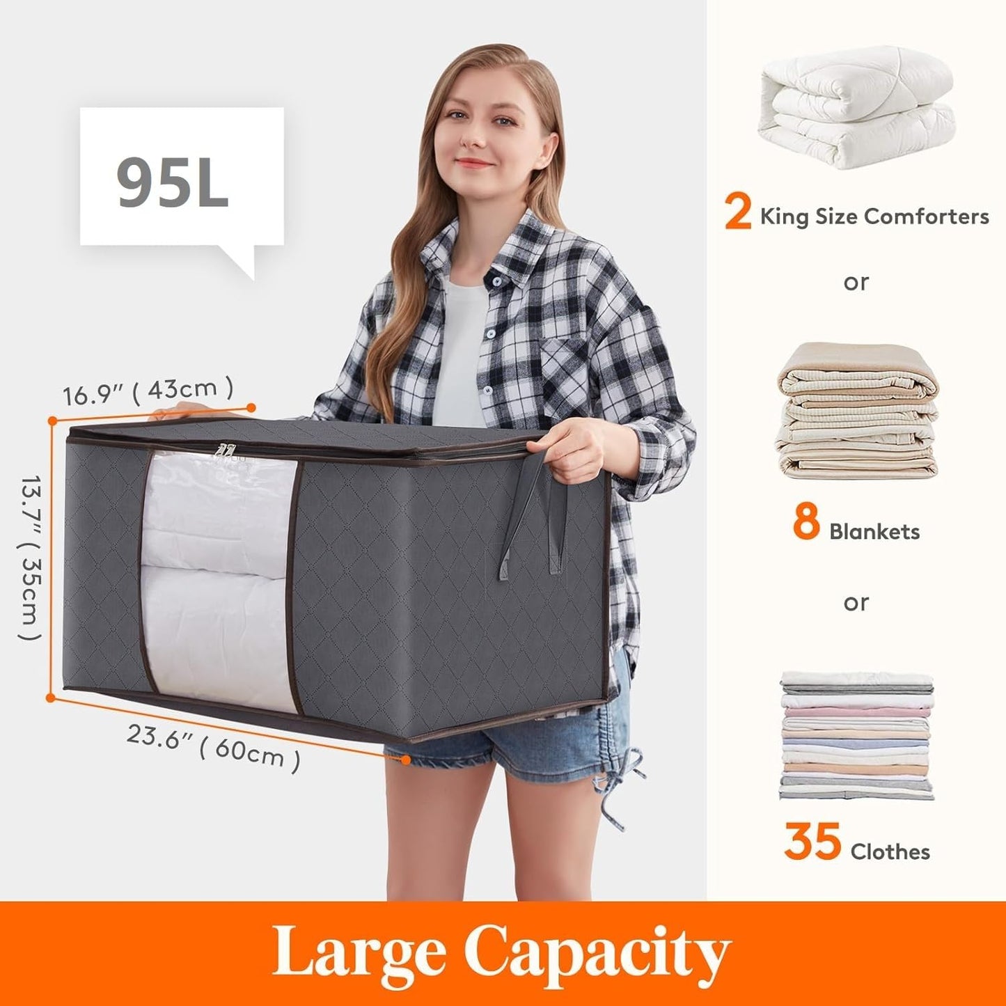 Lifewit 95L Clothes Storage Bags, Foldable Storage Box Moving Bags Wardrobe Storage Organiser Packing Boxes for Moving House with Clear Window for