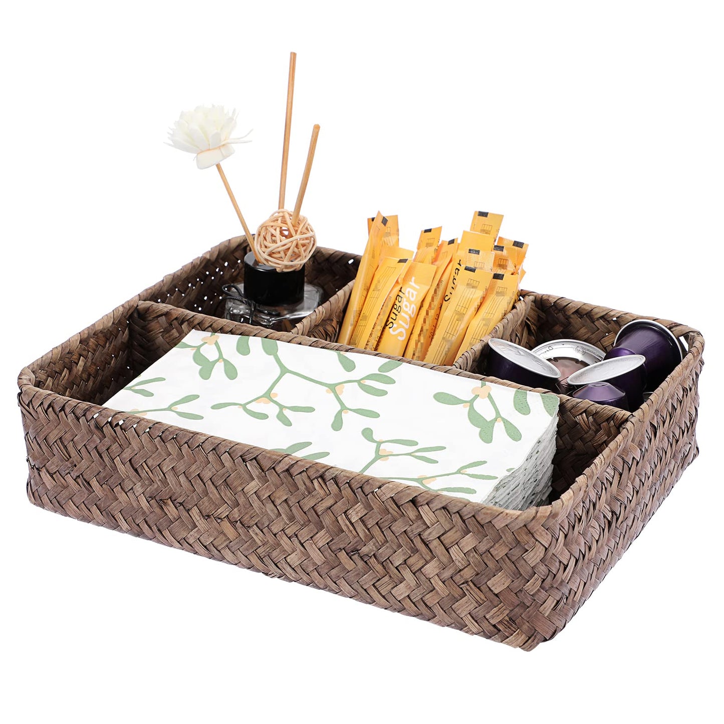BTSKY 4 Compartment Seagrass Tissue Box Basket, Napkin Holder, Coffee