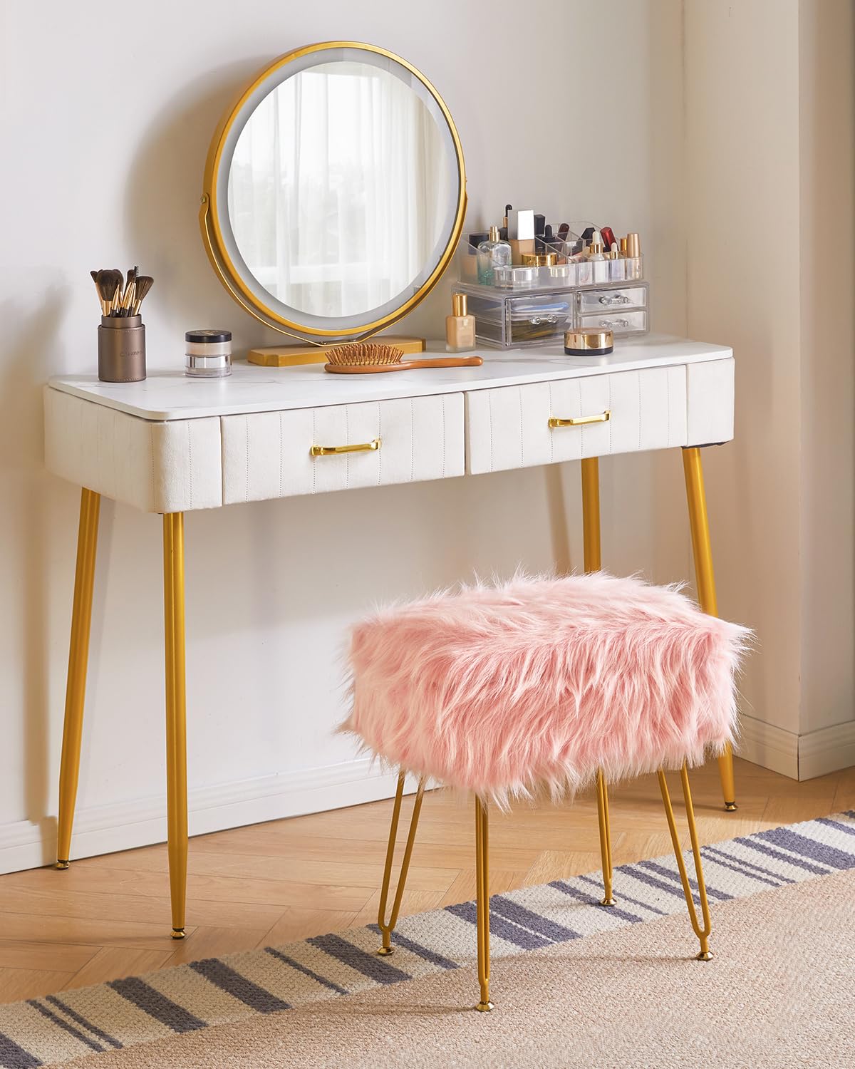 IBUYKE Rectangular Faux Fur Vanity Stool with Storage, Pink WBD022P