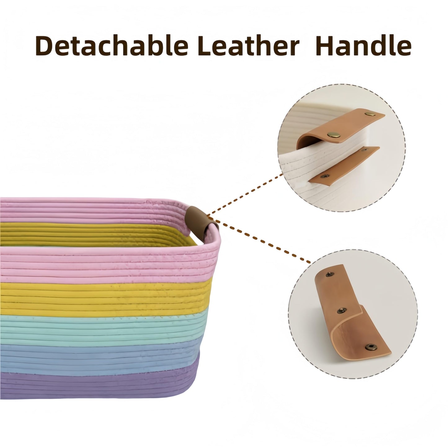 Uwenkjie 2-Pack Large Storage Baskets, Cotton Rope Woven Basket with Detachable Leather Handles, Foldable Home Organiser Bin for Toys, Clothes
