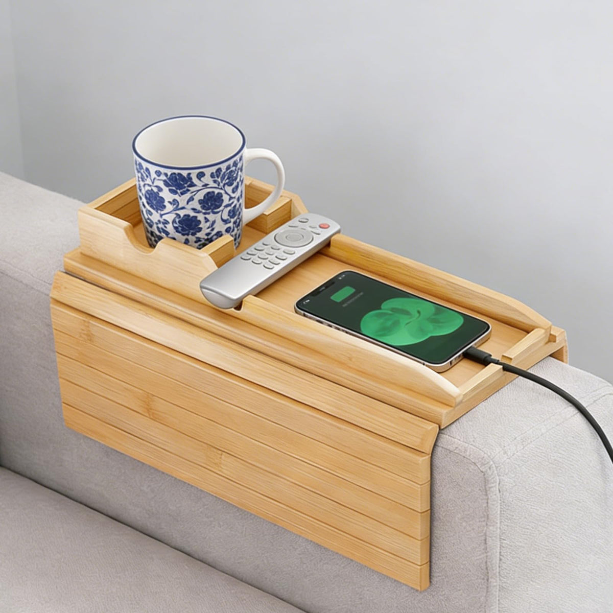 2-in-1 Sofa Arm Tray - Foldable Non-Slip Armrest Tray Table with Detachable Cup Holder, Sofa Armrest Tray for Drinks, Phone