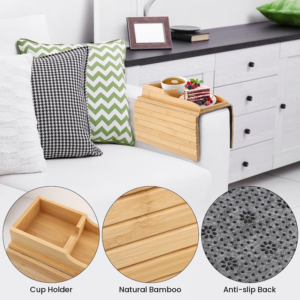 Bamboo Sofa Armrest Tray With Cup Holder, Anti-Slip Foldable Table for Drinks, Cellphone, Remote Control