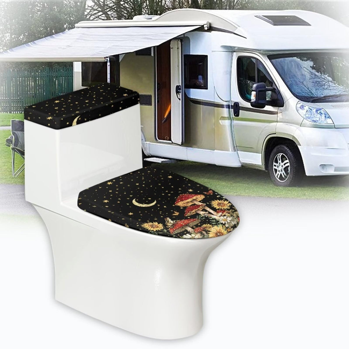 Biyejit Mushroom Star Toilet Lid Cover and Toilet Tank Cover Set Washable Toilet Tank Protector with Elastic Edge Bathroom Toilet Cushion Universal