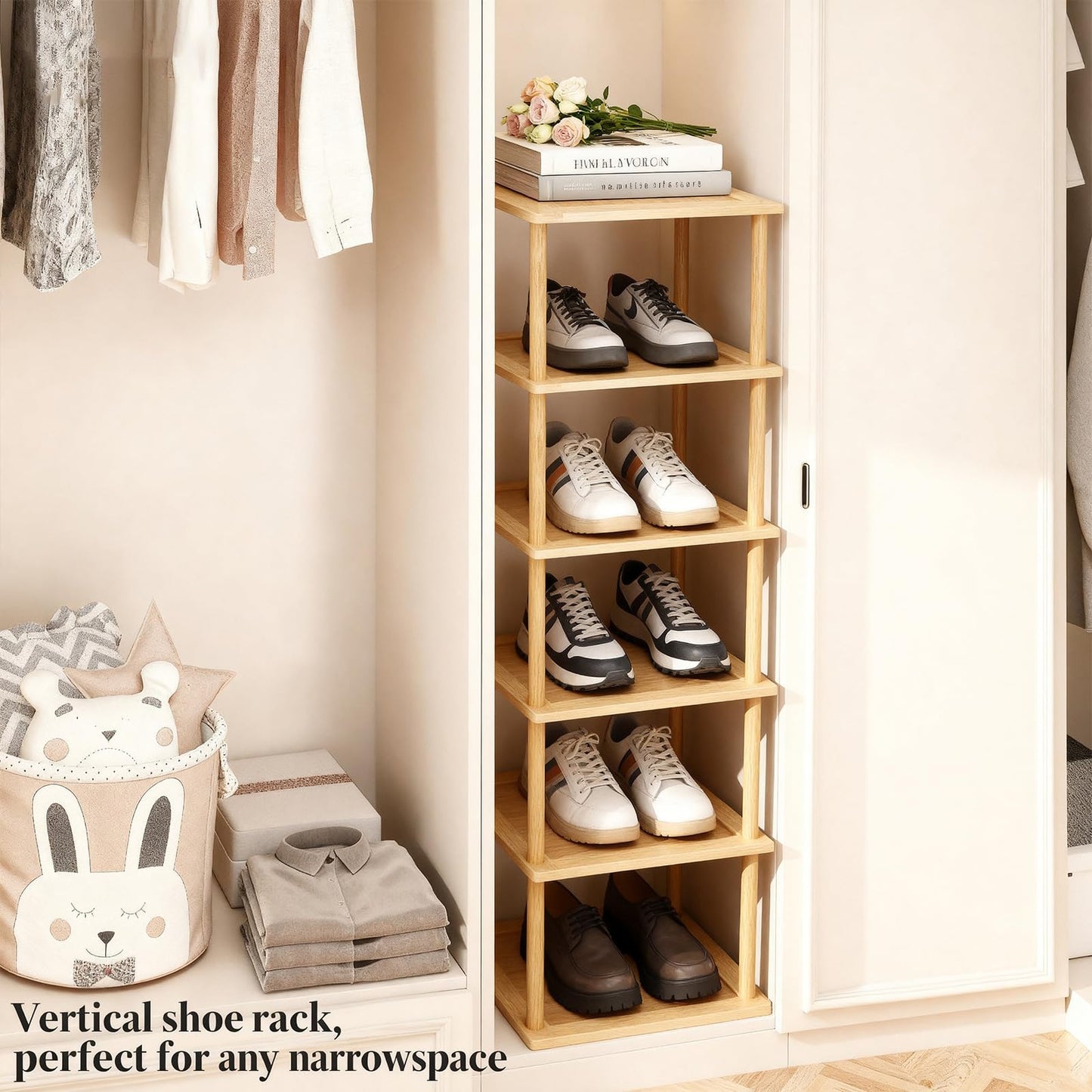 Aniston 6 Tier Vertical Small Shoe Rack Bamboo,Free Standing Slim Narrow Shoe Storage,Shoe Shelf Organiser for Garage Closet Doorway Garage Living