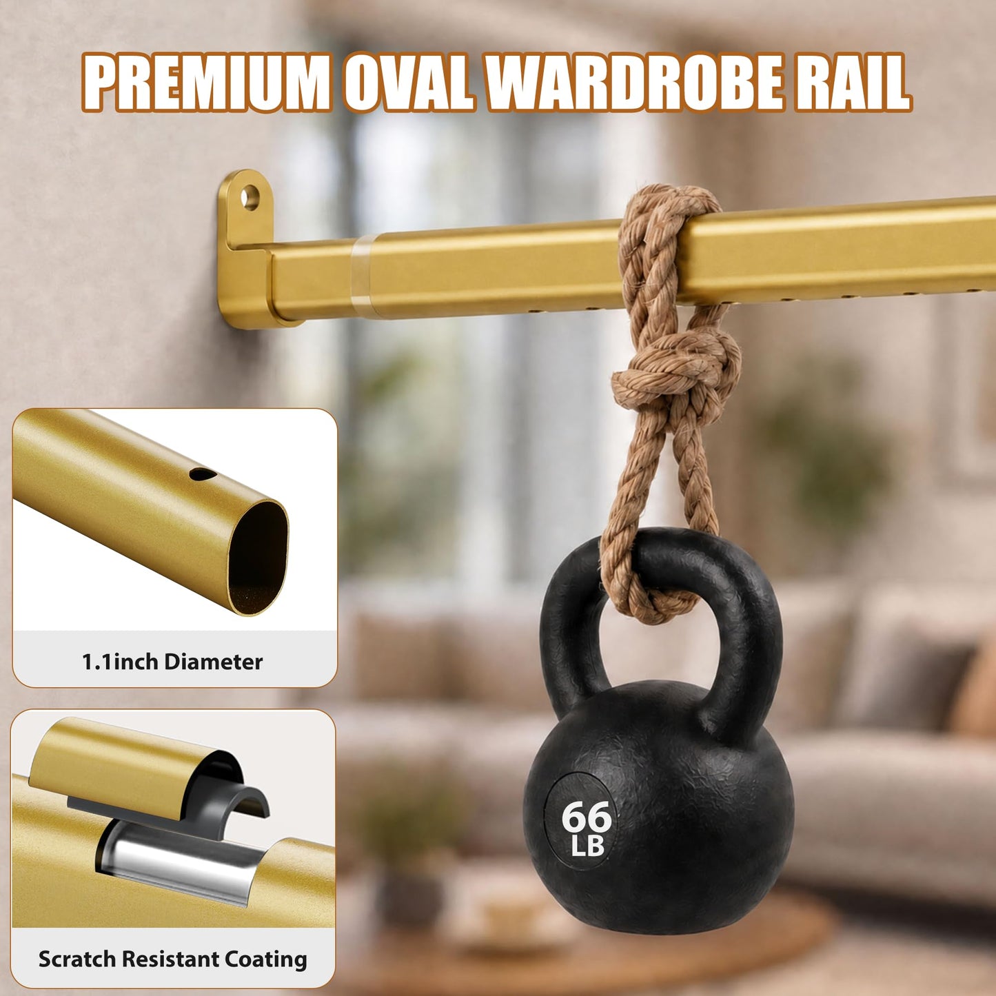 Poskena 25mm Oval Gold Hanging Rail,Premium Wardrobe Pole 43-191cm