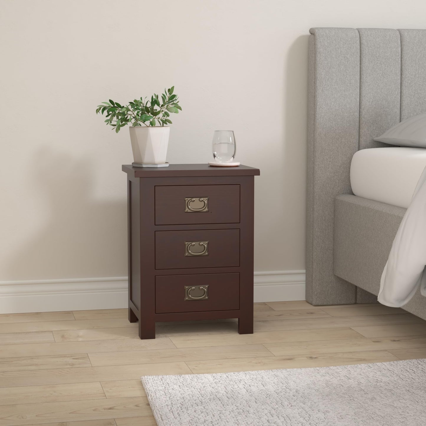 Aurotrice OAK Bedside Table 3 Drawers, Walnut NC Paint Cabinet, OAK Internals W:42 D:32 H:56 CM