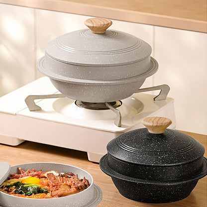 Bobikuke Cast Aluminum Pot with Lid, 24 cm Non-Stick Casserole Dish Korean Stone Bowl Induction Compatible, White