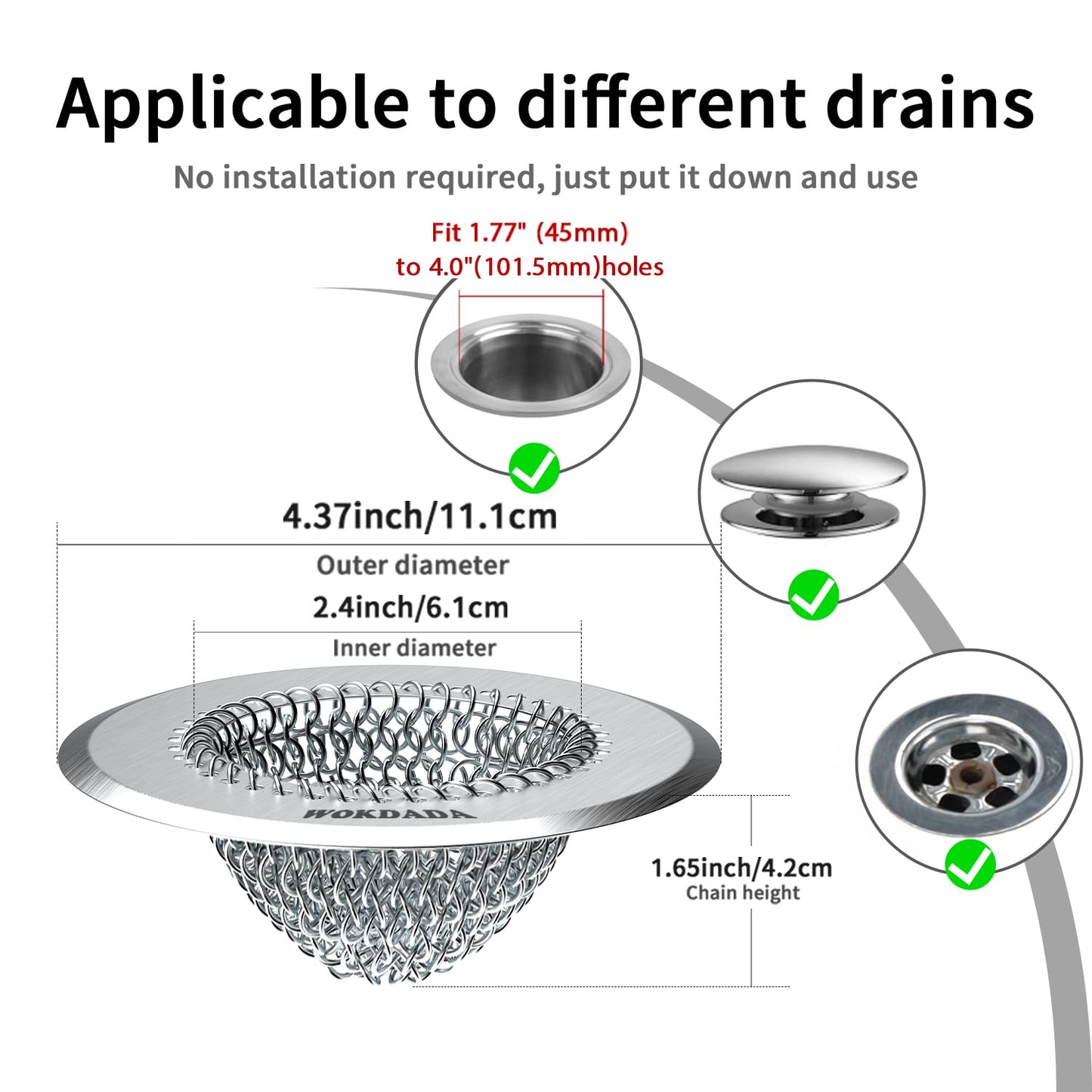 WOKDADA Shower Drain Cover, 4.4" Anti-Clog Hair Catcher for Shower Drain