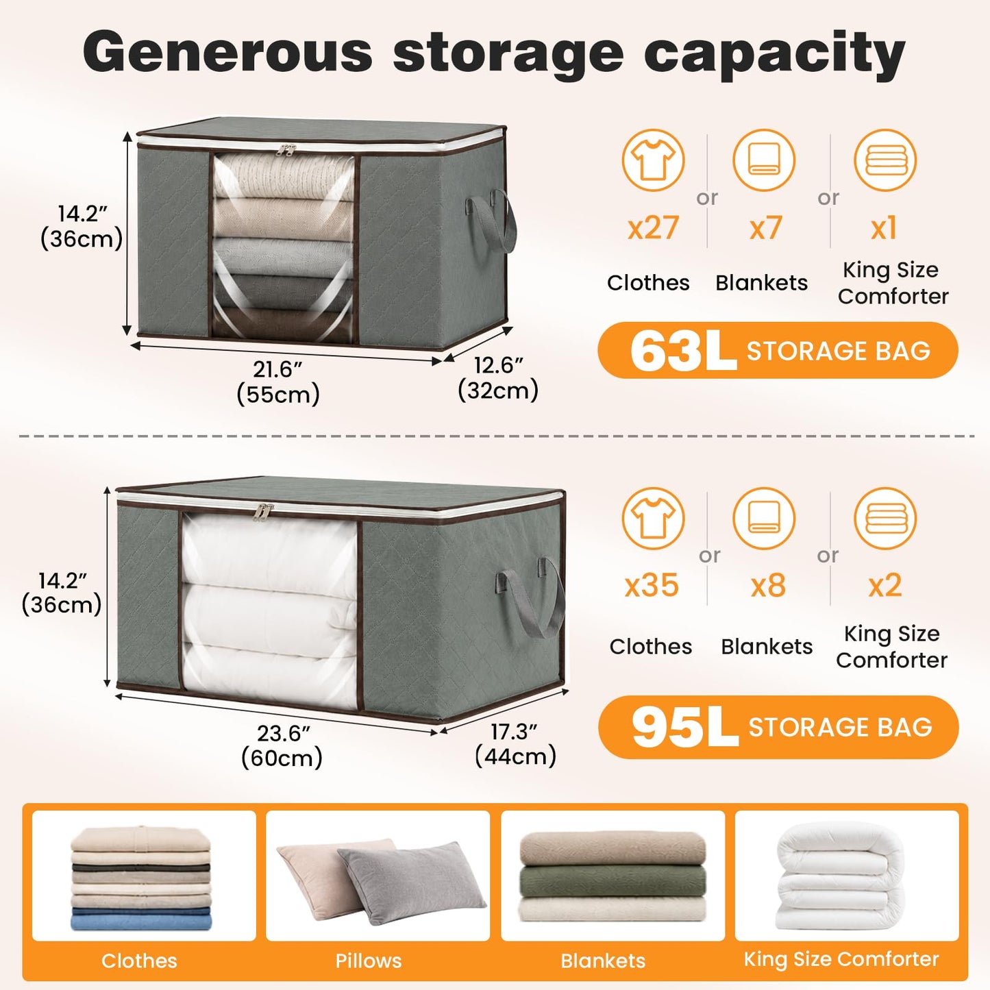 RICHER HOUSE 95L Clothes Storage Bags, Foldable Storage Box with Lid,6 Pack