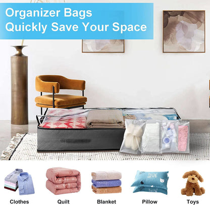 Cleaneaty Underbed Storage Box 4Pack 90L Large Under Bed Storage Bag with 4 x Large Zip lock Bags - Under bed Storage Box with PVC Window for Clothes
