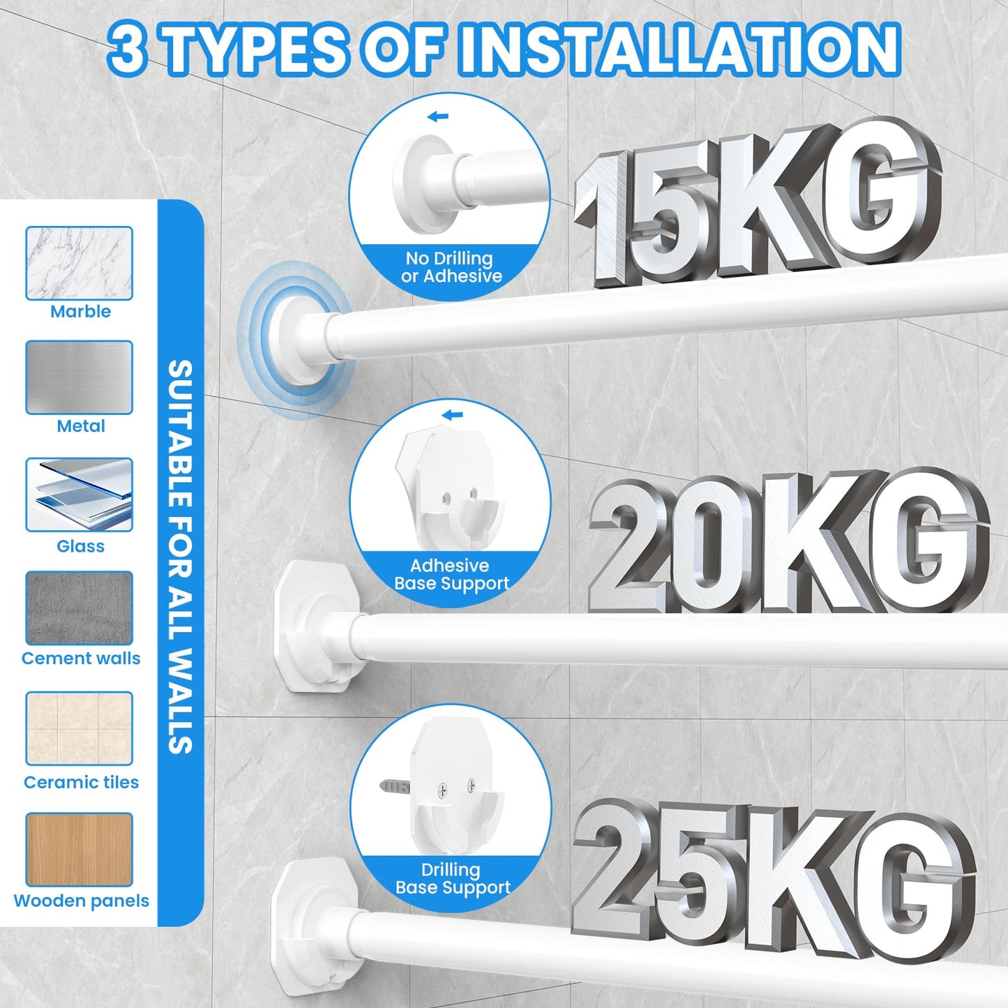 Extendable Φ32mm Curtain Poles 98-330cm Tension Rods with 2 Wall Base