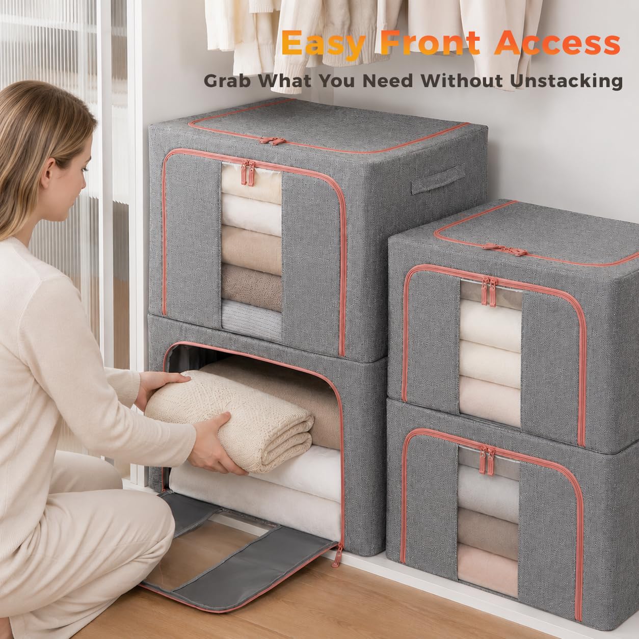 3Pack Clothing Storage Bags with Metal Frame，66L betterboxes Stackable Storage for Moving House，Foldable Clothes Organiser with Clear Windows and