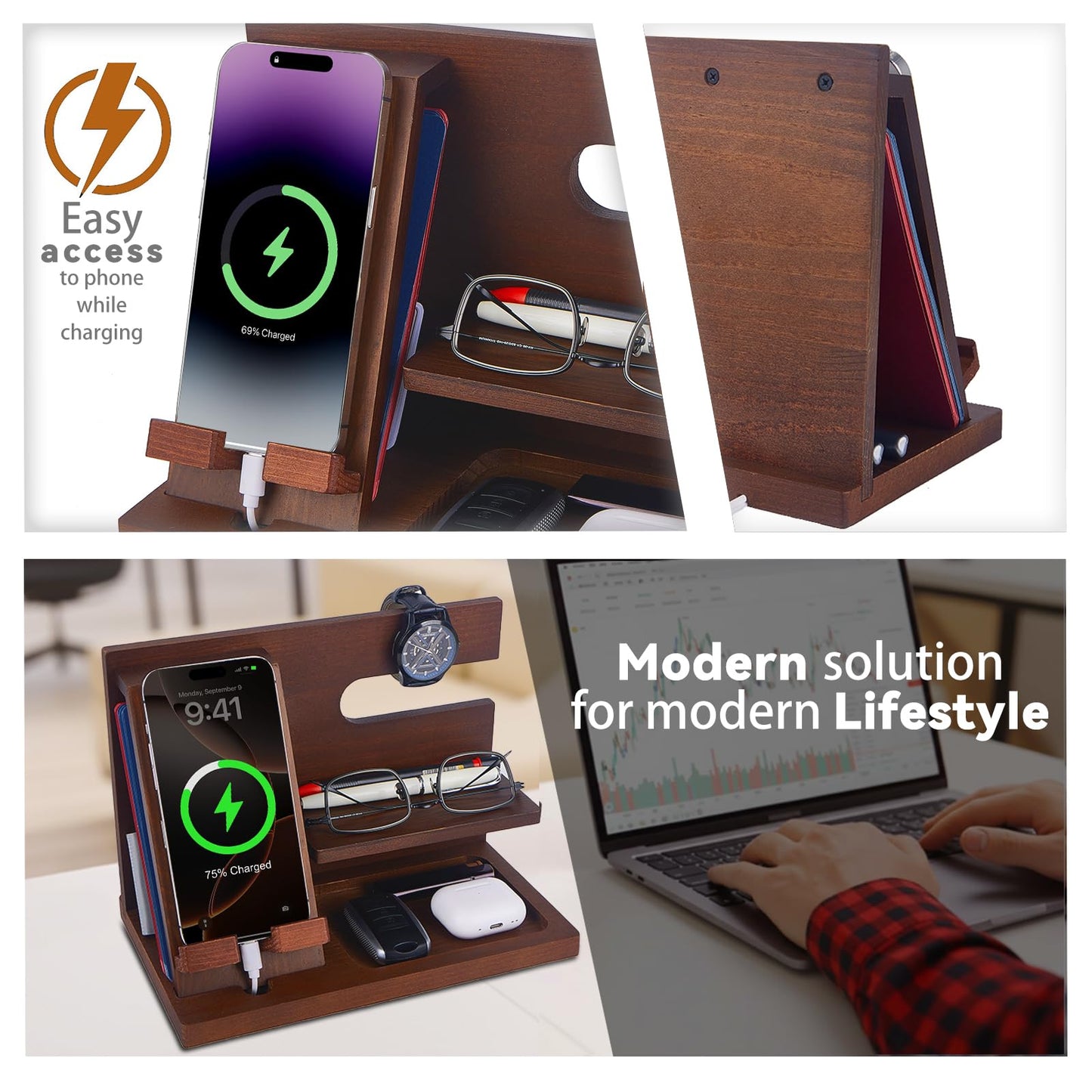 ELEVAT Gifts for Men Christmas Wood Phone Docking Station Desk Organizer Fathers Gifts Anniversary Birthday Gifts for him Xmas Presents for Dad
