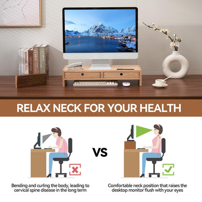 KIRIGEN Wood Monitor Stand with 2 Drawers Computer Arm Riser Desk Storage Organizer, TV Laptop Printer Stand,2-Tier Desktop Shelf Natural