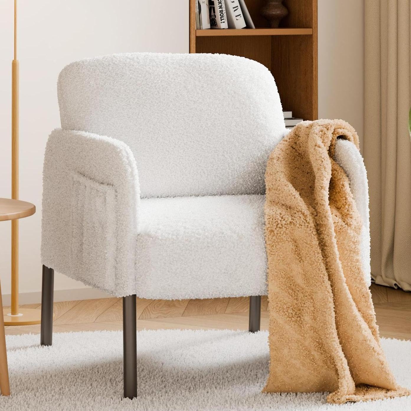 Mondeer Armchair, Accent Chair with Storage Bag and Metal Legs Soft Faux Lambswool Fabric for Living Room Bedroom Reading Reception Lounge